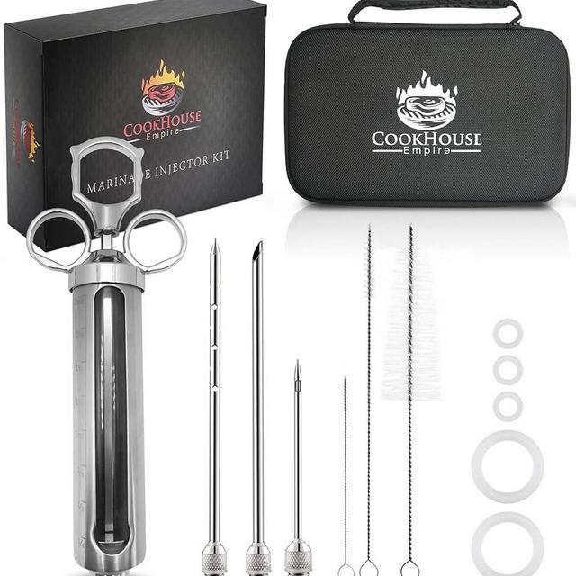 Meat Injectors for Smoking - Stainless Steel Marinade Injector Kit with Case and Window for BBQ, Grilling - 3 Syringe Needles for Injection of Flavor, Sauce - Food Injector for Turkey, Beef, Brisket