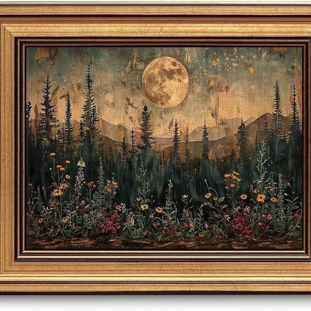 Devunaty Gold Framed Vintage Forest Full Moon Wall Art, Moonlit Pine Tree Wall Decor Paintings,Wildflowers and Mountains Rustic Woodland Nature Landscape Picture Canvas Print for Living Room 9"x11"