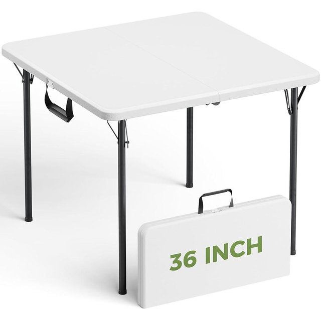 Folding Table, 36 Inch Square Foldable Card Table with Carrying Handle, Heavy Duty Fold-in-Half Portable Table No Assembly, Ideal for Picnic, Camping, RV Travel, Parties, BBQs, Crafting and Indoor Use