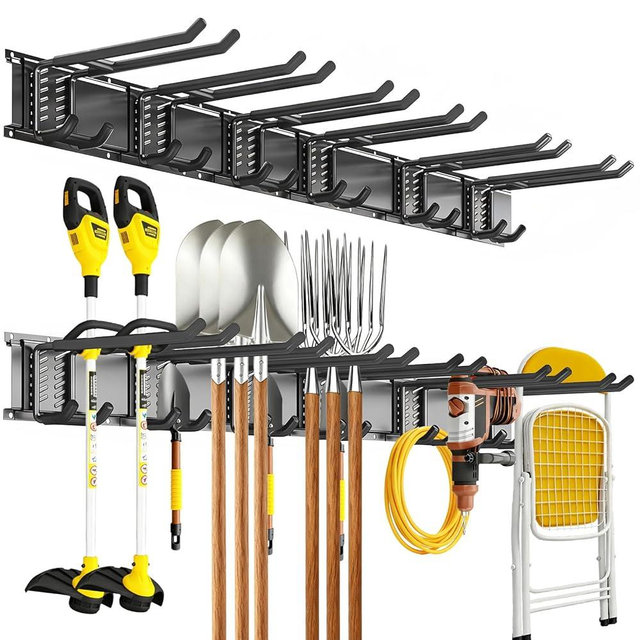 Tebgeag Garage Tool Organizer Wall Mount, 48inch Heavy-Duty Garage Storage System and Garden Tool Organizer with 6 Adjustable Double Hooks for Shovel, Snowboard, Yard Tools and Shed