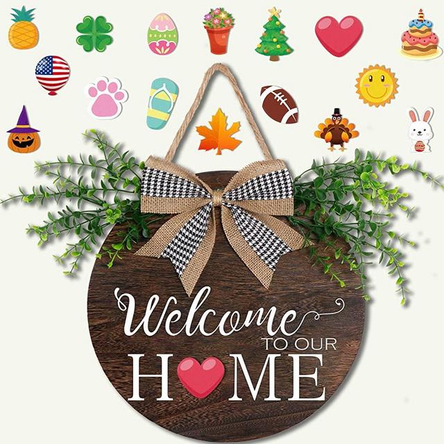OurWarm Welcome Signs for Front Porch Seasonal Interchangeable Rustic Welcome Sign Front Door Decor for Holiday Halloween Fall Christmas Valentines Home Decorations, 12inch Hanging Porch Decor Outdoor