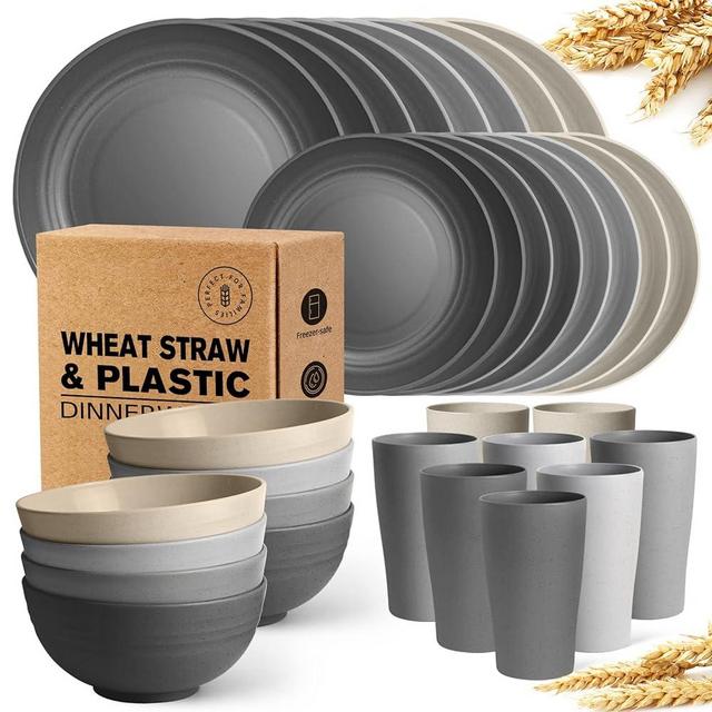 Teivio 32-Piece Kitchen Plastic Wheat Straw Dinnerware Sets, Service for 8, Dinner Plates, Dessert Plate, Cereal Bowls, Cups, Unbreakable Plastic Outdoor Camping Dishes, Gray Stone