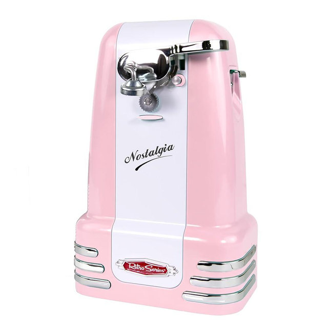 Nostalgia Retro Electric Can Opener for Kitchen with Magnetic Lid Remover, Knife Sharpener, and Soda or Beer Bottle Opener, Pink
