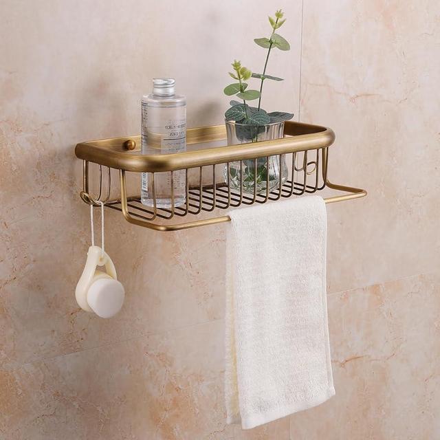 VINSNI Antique Brass Shower Shelf Bathroom Shelf Shower Organizer Basket Wall Mounted