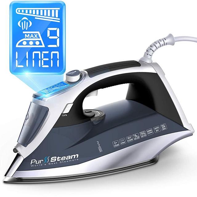 PurSteam Professional Grade 1800-Watt Steam Iron with Digital LCD Screen, 3-Way Auto-Off, Double-Layer Ceramic Coated Soleplate, Self-Cleaning Function with 9 Preset Steam and Temperature Settings