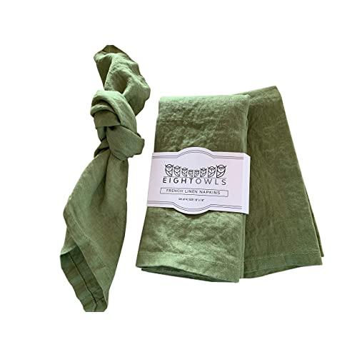 Eight Owls Linen Napkins –100% French Flax – Stonewashed Pure Linen Cloth Napkins - Size 18 Inch x 18 Inch – Set of 4 (Pepper Green)