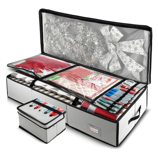 Hearth & Harbor Wrapping Paper Storage Container with Ribbon Storage Organizer - Christmas Gift Wrapping Organizer Storage with Extra Flap - Silver