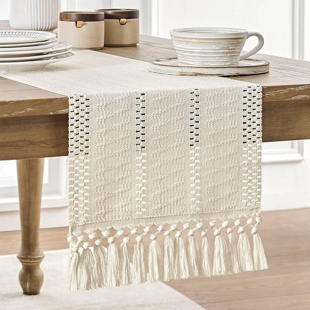 ZeeMart Macrame Style Boho Table Runner, Ivory Table Runners 36 Inches Long, Farmhouse Woven Home Decor, 12x36 Inch, Ivory