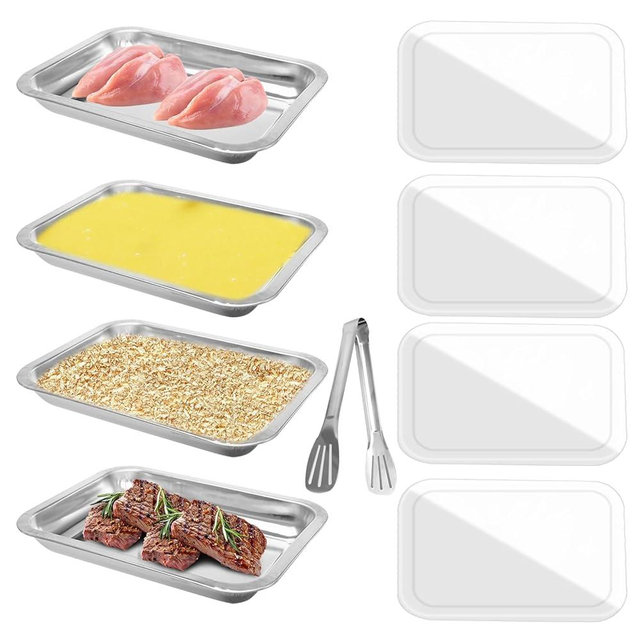 Olutacot 4 Pcs Breading Trays 10.4 x 7.7 x 1.9 Inch Food Prep Trays Stainless Steel Breading Pans with Lids and Tong for Dredging Chicken Breasts Marinating Meat and Serving Dishes