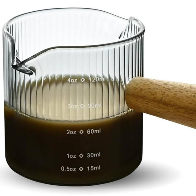 Glass Measuring Cup, 4oz Espresso Shot Glass with Wood Handle, Double Spouts Measuring Triple Pitcher Milk Cup for Coffee Tea (Gray Ribbed）