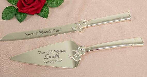 Lenox True Love Silver Personalized Wedding Cake Knife and Server Set / Custom Engraved Wedding Cake Cutting Set for Bride and Groom