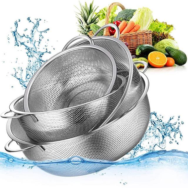 4 Pieces Colander Set Stainless Steel Mesh Strainer with Handles and Resting Base Net Baskets for Strain Drain Rinse Steam or Cook 10 Inch 4.5 Quart, 9 Inch 3 Quart, 8 Inch 2 Quart, 6.5 Inch 1 Quart