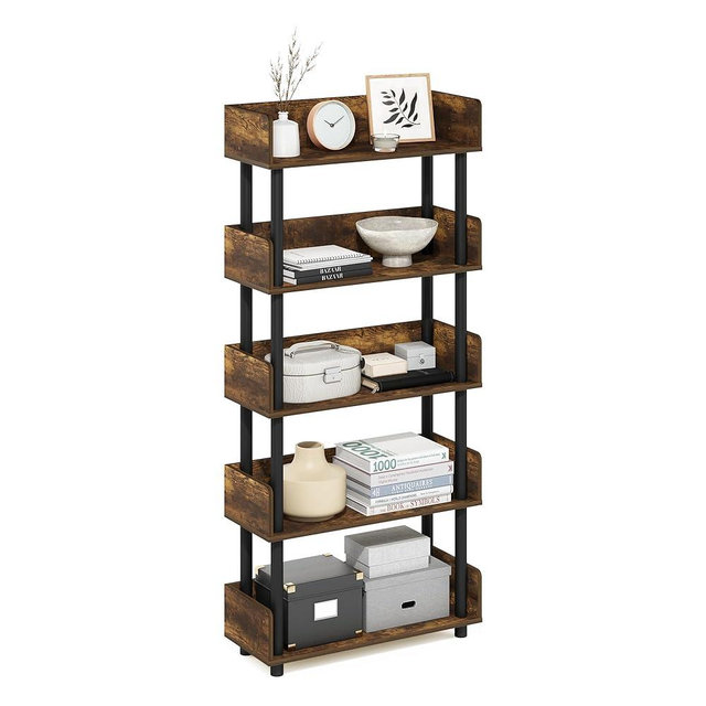 Furinno TURN-N-TUBE 5-Tier Display Shelf, Storage Shelves, Book Shelf, Open Shelves with Rounded Corner Top Edges, for Organization and Storage, Living Room, Home Office, Amber Pine
