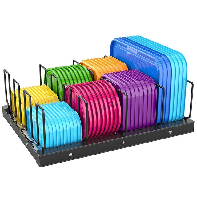 KORRTFID Metal Container Lid Organizer Rack,Adjustable 5 Dividers Storage Container Lid Holder Rack for Cabinets Cupboard Pantry Shelves Drawer,Dish Organizer for Kitchen,Dishes and Plates Holder