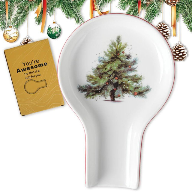 Spoon Rest for Stove Top - Christmas Spoon Rest for Kitchen Counter Christmas Tree Spoon Rest Ceramic Spoon Rest Tres Embossment Gift Box Ready Kitchen Decor Farmhouse