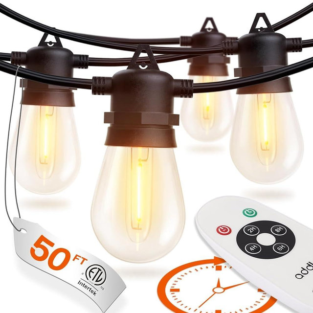addlon 50FT LED Outdoor String Lights Timer Control with Edison Shatterproof Bulbs, Weatherproof Strand, Commercial Grade Patio Lights, Decorative for Garden or Patio, Black