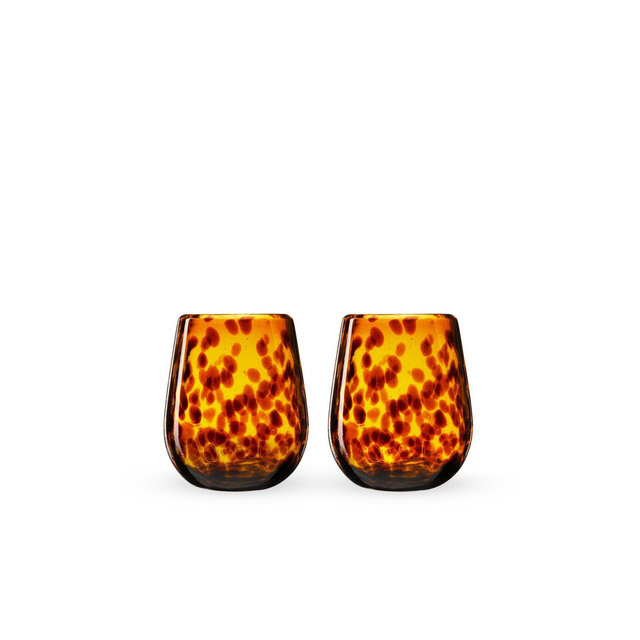 Twine Segunda Vida Tortuga Tortoise Shell colored Stemless Wine Glasses Set-Hand Blown - Amber 100% Recycled Glassware, 13oz, Set of 2
