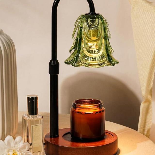 Small Candle Warmer Lamp with Timer, Adjustable Green Lamp Warmer for Jar Candles, Unique Women Gifts for Birthday, Dimmable Candle Heater, House Warming Gifts, Cute Wax Warming Ligh with Wood Base