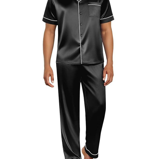Ekouaer Mens Satin Pajama Set Short Sleeve Button Down Sleepwear Classic Loungewear Set with Long Pants