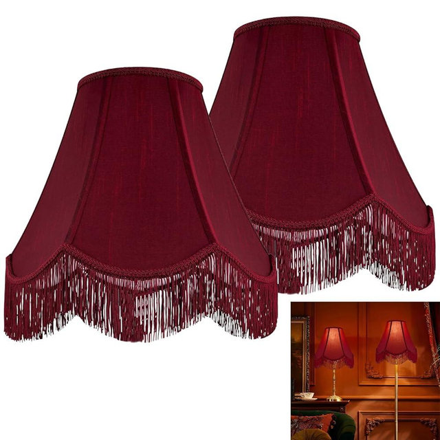 GO&SO Set of 2 Burgundy Silk Scalloped Lamp Shade, Petal Edge Braid with Burgundy Fringe Trim, 6"x13"x10.6"(Spider), Victorian Bell Lamp Shades, Replacement Shades for Table,Floor Lamps, Easy Assembly