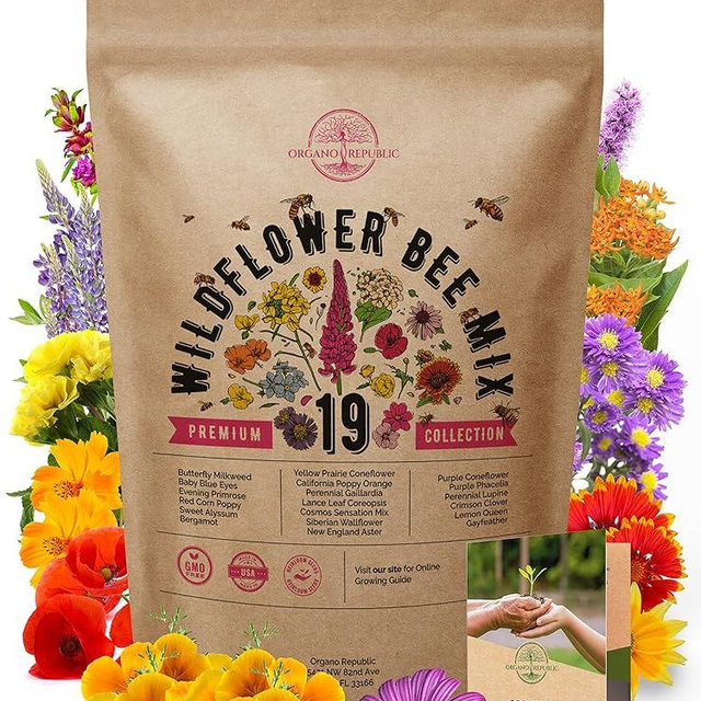 Organo Republic 19 Annual & Perennial Wildflower Seeds Mix for Indoor and Outdoors, Attract Bees & Butterflies. 100,000+ Non-GMO, Heirloom Wildflower Garden Seeds, 4oz Packet for Growing Wild Flowers