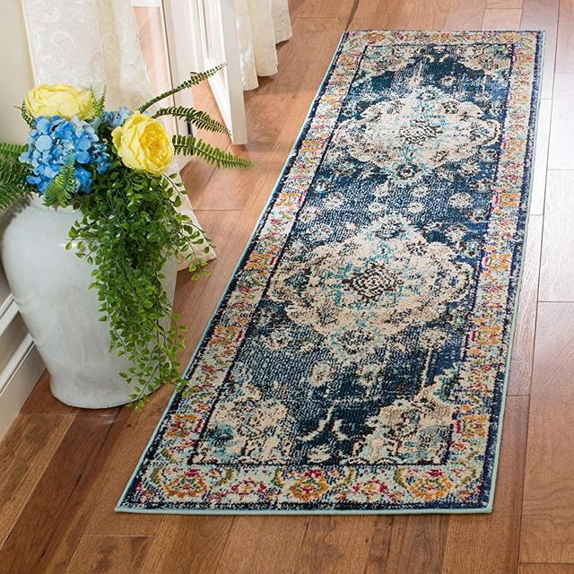 Safavieh Monaco Collection MNC243F Bohemian Chic Medallion Distressed Area Rug, 2' 2" x 6', Navy/Light Blue