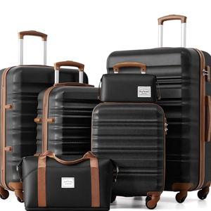 LONG VACATION 6 Piece Luggage Set Carry on Suitcase with ABS+PC hardshell, Spinner Wheels & YKK Zipper TSA Lock (BLACK-BROWN, 6 piece set)
