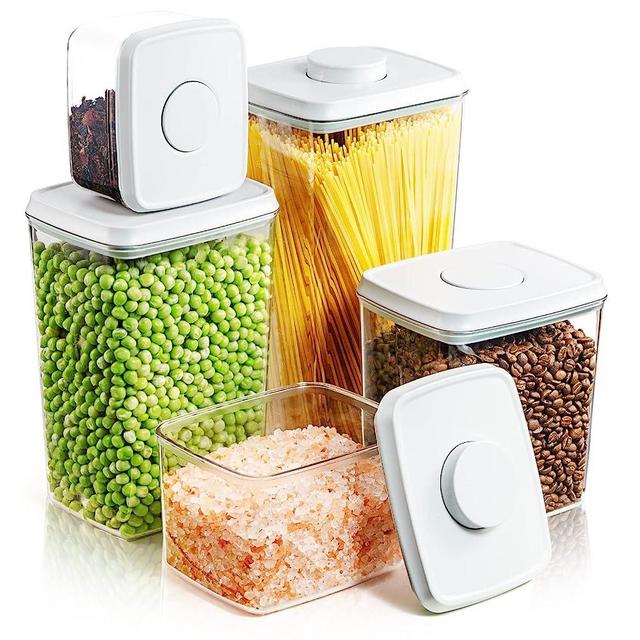 Tourdeus Pop Up Lid Food Storage Containers, Clear Storage Containers for Pantry Airtight Kitchen Containers Storage Set - 5 Pack for Cereal, Dry Food, Flour and Sugar, 3.5Qt, 2.9Qt, 2.1Qt, 1.3Qt, 0.6Qt