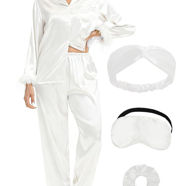EPLAZA 2 Pcs Silk Pajamas for Women Satin Pajama Set Feather Trim Long Sleeve Button-Down Pj Set Lounge Sleepwear with Pocket