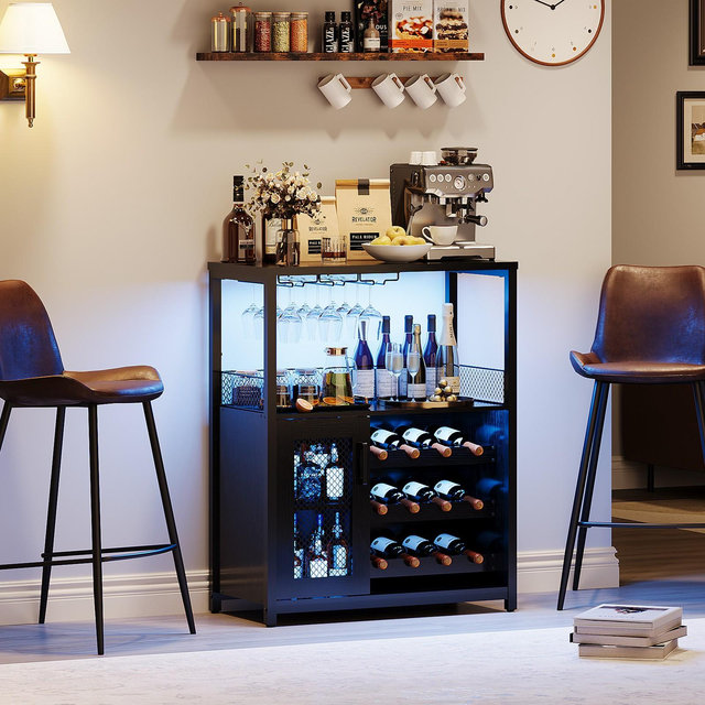 Farmhouse Wine Bar Cabinet With Lights Detachable Wine Rack and Storage Cabinet Kitchen Buffet Cabinet With Glass Holder and Buffet Sideboard Black