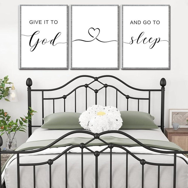 Framed Farmhouse Decor, Farmhouse Wall Art 36x16', Give it to God and Go to Sleep Signs (12x16 inches, Set of 3, Framed, Grey)