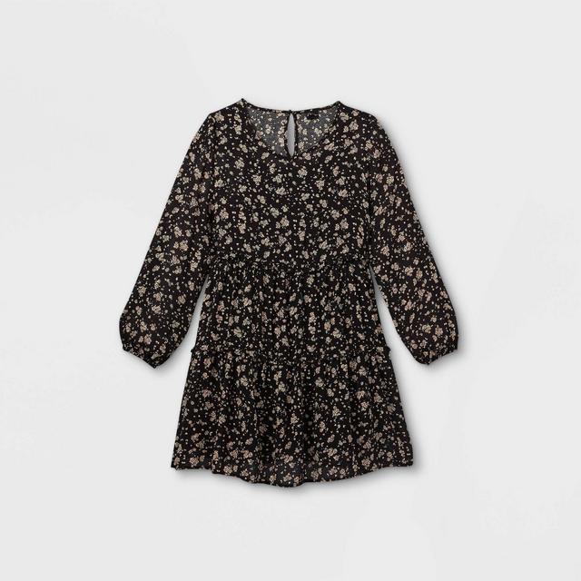 Girls' Floral Long Sleeve Woven Tiered Dress - art class™ Black M
