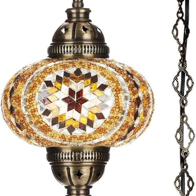 DEMMEX Plug-in Turkish Moroccan Mosaic Hanging Pendant Ceiling Light – Swag Lamp Fixture with 15ft Cord & Chain, Handcrafted Glass, Tiffany Style, Mediterranean Decor (Amber Brown)