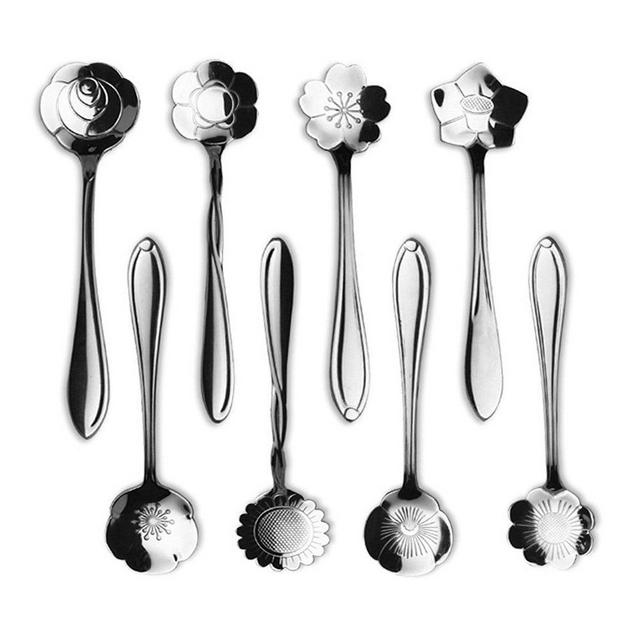 ERCRYSTO Stainless Steel Tableware Creative Flower Coffee Spoon, Stirring Spoon, Sugar Spoon, Stir Bar Spoon, Mixing Spoon, Tea Spoon, Ice Tea Spoon, Ice Cream Spoons,1 Set contain 8 Diffient Pattern