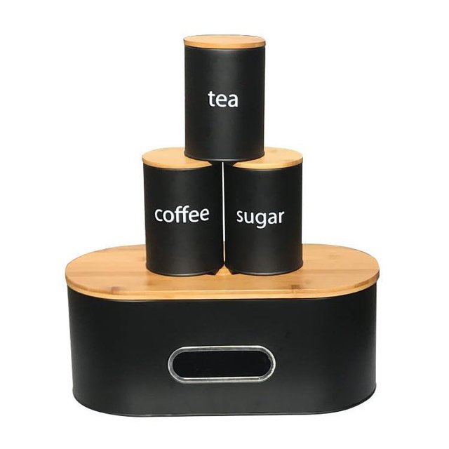 SOTECH Kitchen Canisters Set Large Metal Bread Box and 3pcs Round Jars Coffee Sugar Tea for Countertop Bread Snack Storage Bin with Bamboo Lid (Black)