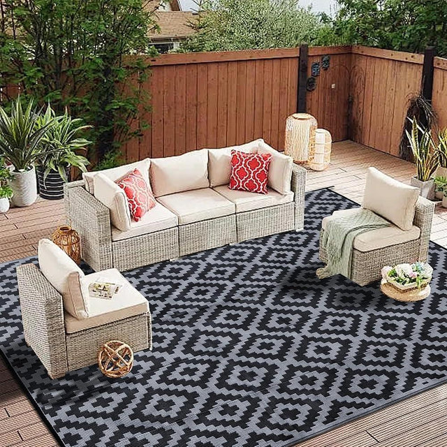 SAND MINE Waterproof Outdoor Rug 8x10 ft, Plastic Reversible Rug, Modern Area Rug, Large Floor Mat for Outdoors, RV, Patio, Backyard, Deck, Picnic, Beach, Camping (8' x 10', Black Grey Lattice)