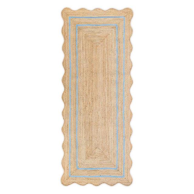 Weaving Village Wave Scalloped Natural Jute Rug Boho Jute Rug Entryway Runner Rug Farmhouse Scallop Rug, Sky Blue (2'6"x8')