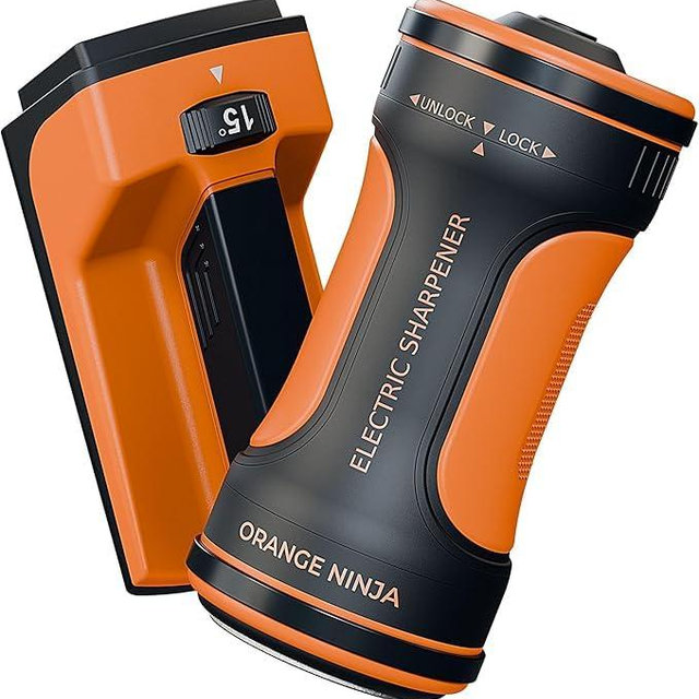 Orange Ninja Electric Rolling Knife Sharpener - 5 Adjustable Sharpening Angles (12°–24°)- 3-Stage Diamond & Ceramic Sharpening Discs – Fast & Easy Electric Knife Sharpener Kit