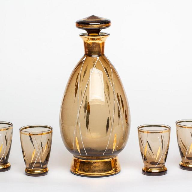 Clear glass decanter set Soviet 4 glasses set Whiskey Christmas gift for him Man's gift Liqueur Vintage barware depression glass decanter