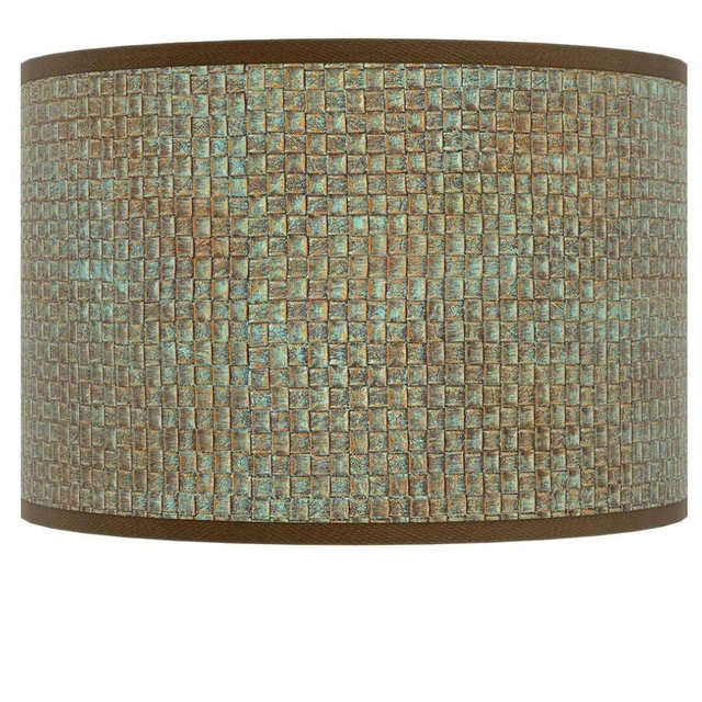 Drum Print Lamp Shade Interweave Patina Brown Medium 12" Top x 12" Bottom x 8.5" High Spider with Replacement Harp and Finial Fitting - Giclee Glow