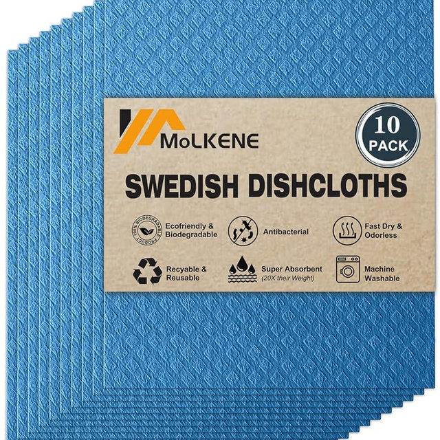 MoLKENE Swedish Dishcloths - 10 Pack Reusable Kitchen Dishcloths - Ultra Absorbent Dish Towels for Washing Dishes - Cellulose Sponge Cloth Cleaning Cloths - Blue