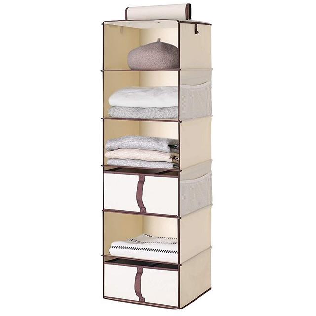 StorageWorks 6-Shelf Hanging Closet Shelves, Hanging Closet Organizer with 1 Drawer and 1 Underwear Drawer, Canvas, Beige, 13.6”W x 12.2”D x 42.5”H