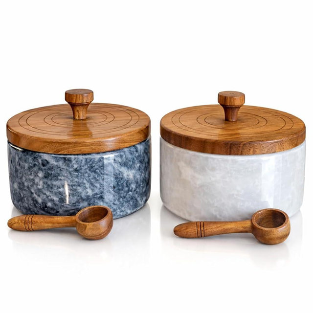 Marble salt and pepper containers with spoon, salt cellars with lid and spoons, salt and pepper holders, salt and pepper cellars, marble salt and pepper bowls with wooden lid - White/Grey