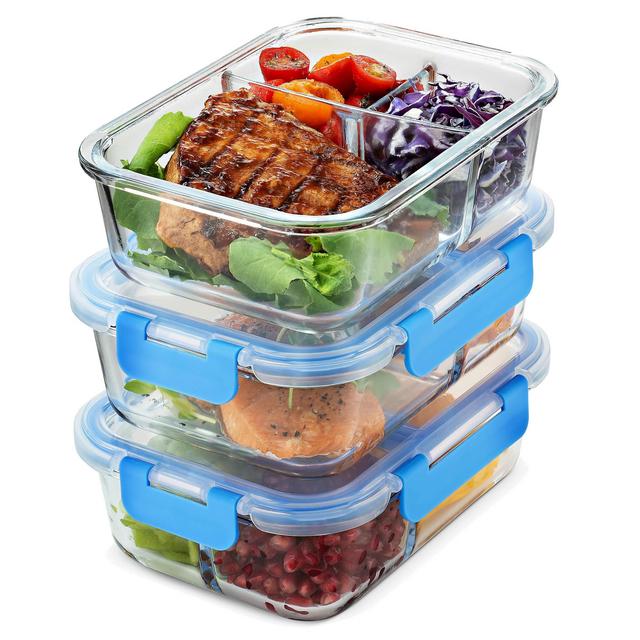 Glass Meal Prep Containers 3-Compartment - 3-Pack 32 Oz. Freezer to Oven Safe Airtight Food Storage Container Set with Hinged Locking Lids BPA Free, Great On the Go Portion Control Lunch Containers