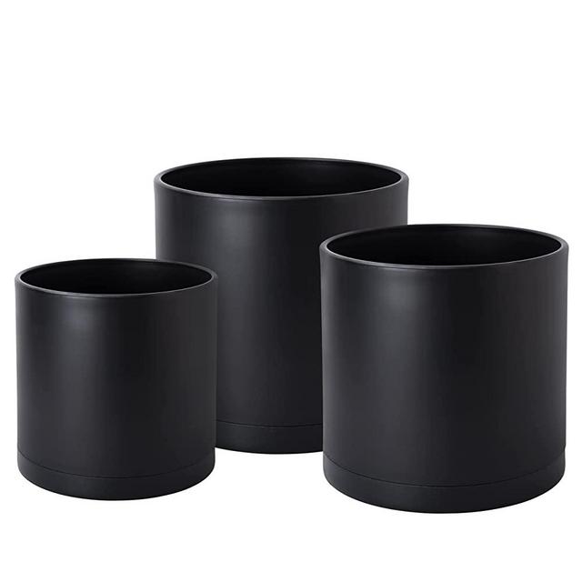 10 Inch 12 Inch 14 Inch, Set of 3 Plastic Planter Pots for Plants with Drainage Hole and Seamless Saucers, Black Color, XX-Large, 74-E-XXL-2