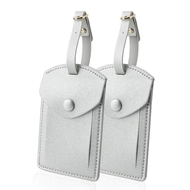 Kevancho Leather Luggage Tags for Men Women, Suitcase Labels Baggage Bag Tag ID Tags with Full Back Privacy Cover for Cruise Ships, Travel Accessories Tags Set of 2 PCS (Silver)