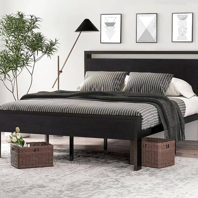 SHA CERLIN 14 Inch Queen Size Metal Platform Bed Frame with Wooden Headboard and Footboard, Mattress Foundation, No Box Spring Needed, Large Under Bed Storage, Non-Slip Without Noise, Black Oak