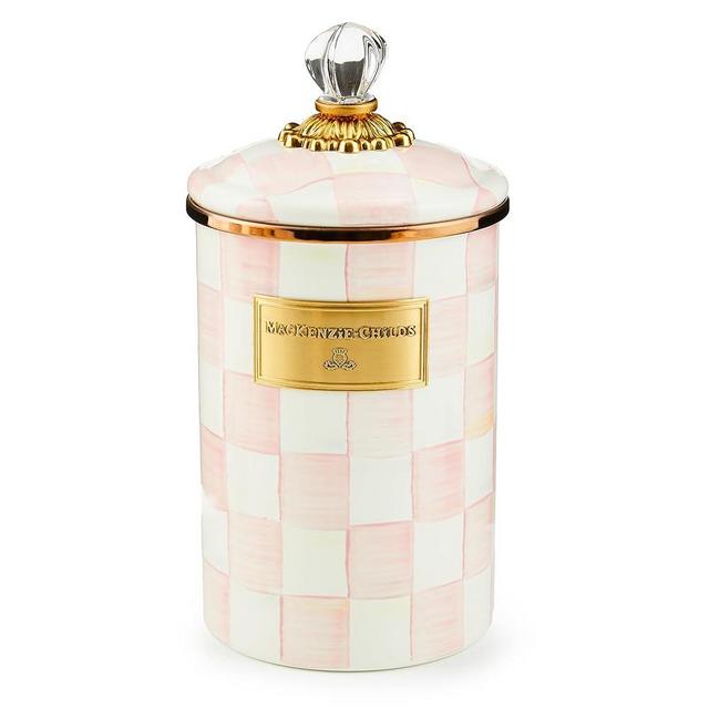 MACKENZIE-CHILDS Rosy Check Enamel Canister, Large Enamelware Storage Canister with Lid, Cute Coffee or Sugar Container, 64 Ounces