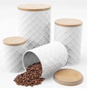 Pebble & Stem White Metal Canister Set for the Kitchen Counter, Kitchen Canister Set of 4, Airtight Lids, Sugar and Flour Containers for Countertops, Coffee and Tea Storage, Farmhouse Decor