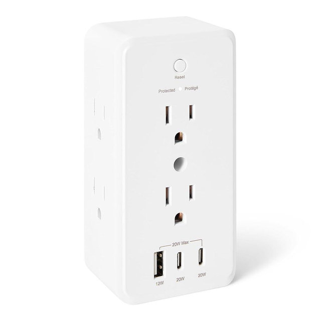 Amazon Basics Wall Mount Surge Protector Power Strip with 9-in-1 Hub, 1080 Joules, 6 AC Outlets, 1 USB-A and 2 USB-C (20W Fast Charging), White